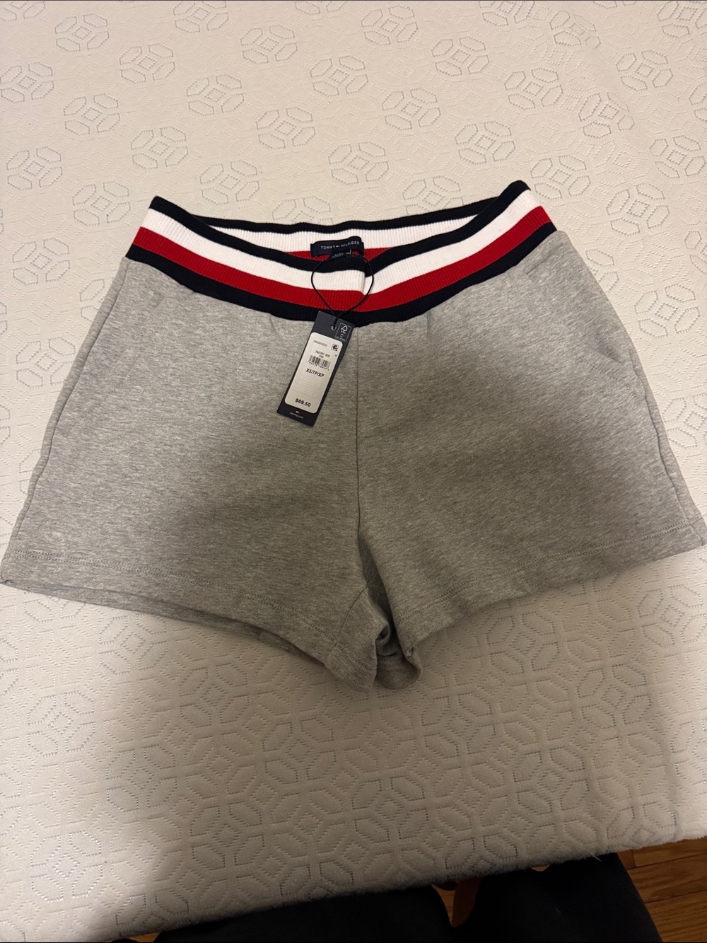 Tommy Hilfiger Gray Athletic Shorts with Red, White & Navy Waistband